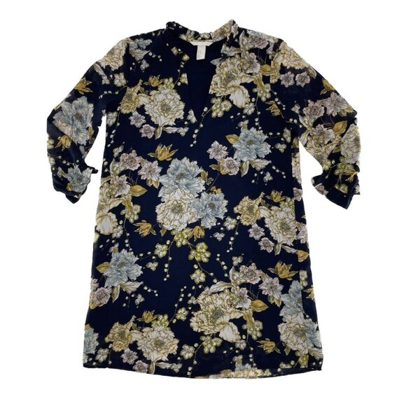 H&M Women's Blue Floral Shift Dress Split Neck  Boho Flaws See Photos Size 10 - Picture 2 of 15